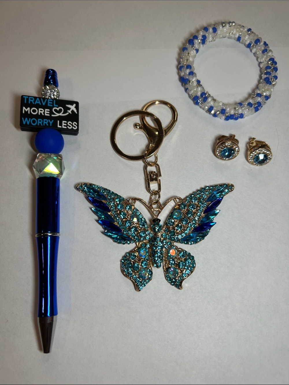 4 Piece Set Blue Crystal Butterfly Keychain with Accessories - Picture 2 of 12